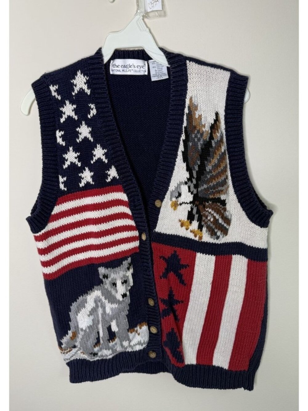 Vintage 90s Eagles Eye Cardigan Sweater Vest American Flag Nature Knit